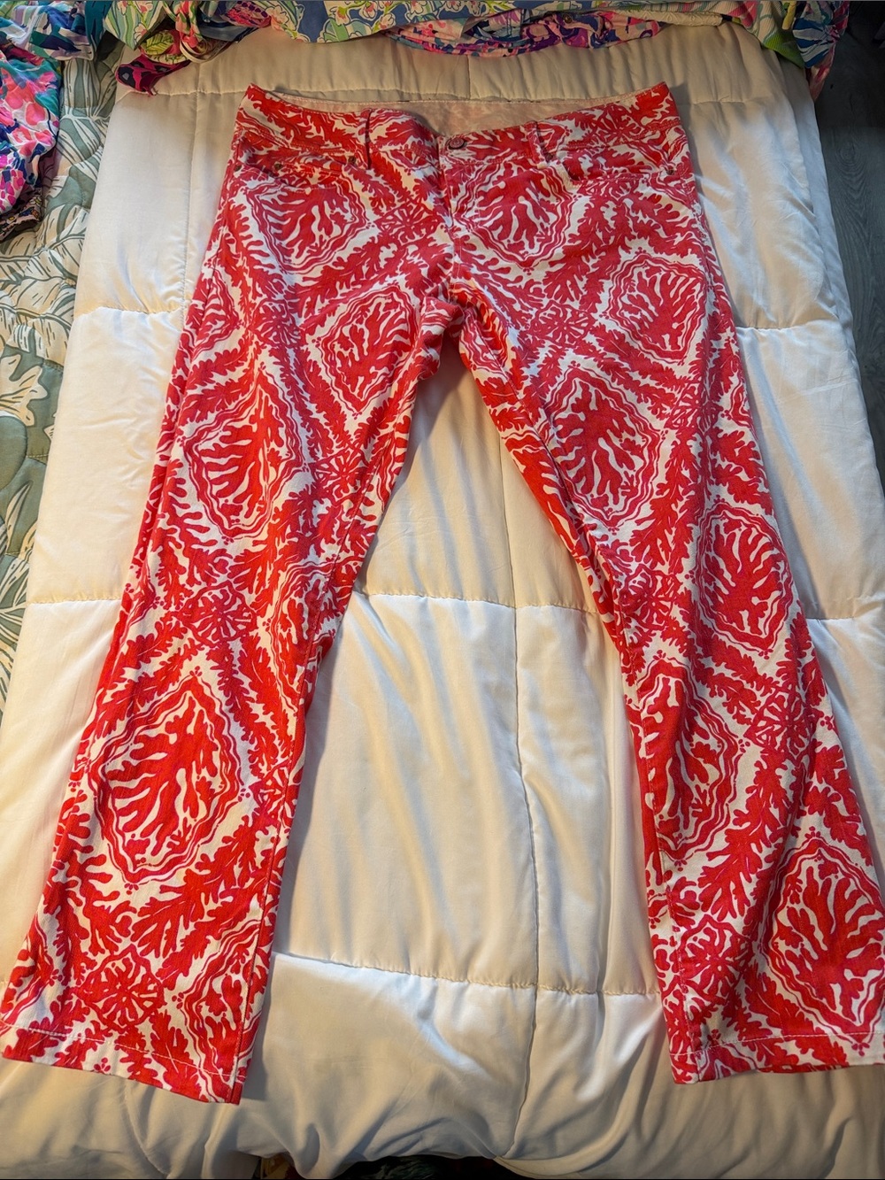 Lilly Pulitzer Coral and White Printed Straight Leg Pants